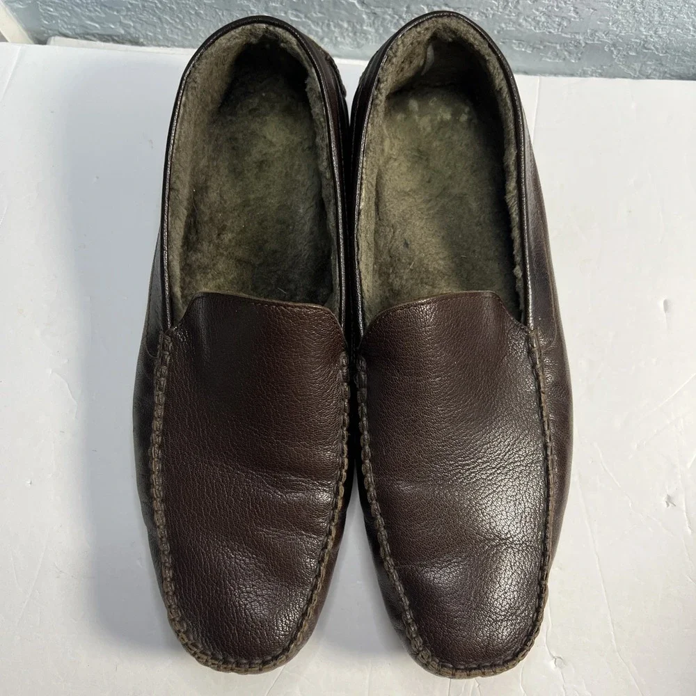 COLE HAAN Men's Driving Loafer Slip On Moccasins-13M Brown Leather Fur Lined